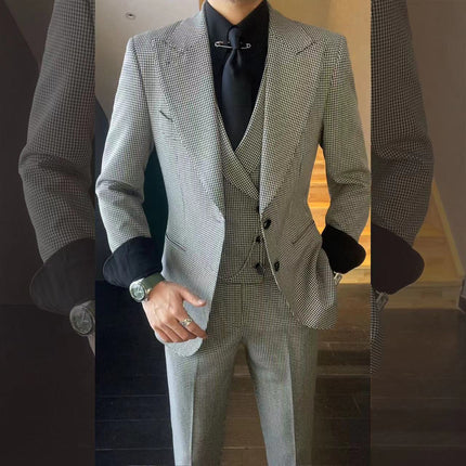 Men's Slim-Fit Plaid Checkered Suit with a Stand-up Collar(Jacket + Vest + Pants)