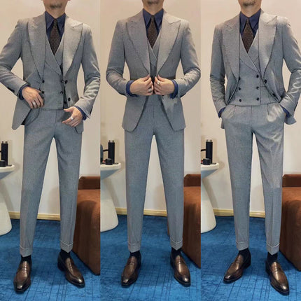 Men's Slim-Fit Plaid Checkered Suit with a Stand-up Collar(Jacket + Vest + Pants)