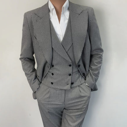 Men's Slim-Fit Plaid Checkered Suit with a Stand-up Collar(Jacket + Vest + Pants)