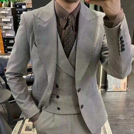 Men's Slim-Fit Plaid Checkered Suit with a Stand-up Collar(Jacket + Vest + Pants)