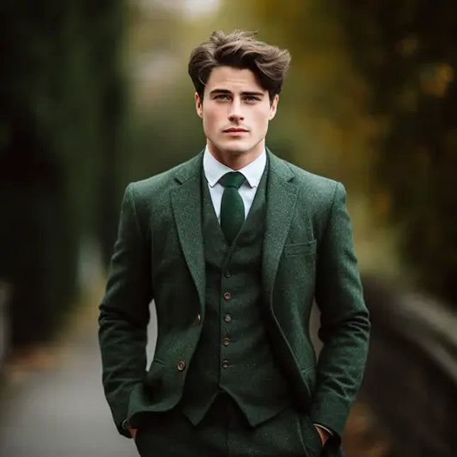 Classic 3 Piece Mens Suit with Tweed and Peak Lapel