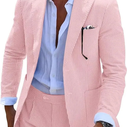 Men's Summer Pink White Striped Seersucker 2 Piece Suits