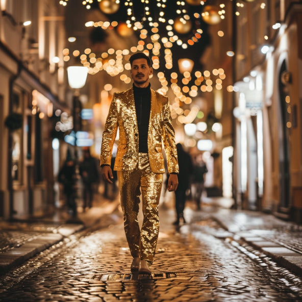 New Year’s Eve Party Outfits: How to Rock a Gold Suit This Holiday Season