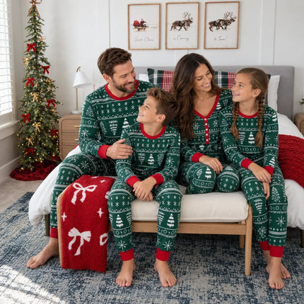 Green Tree and Snowflake Matching Family Christmas Pajamas-Dog clothes Included