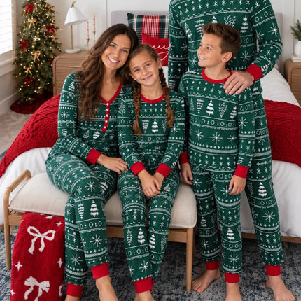 Green Tree and Snowflake Matching Family Christmas Pajamas-Dog clothes Included