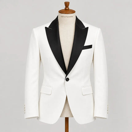 Sweetearing Men's White Tuxedo Jacket with Black Collar for Weddings, Prom & Formal Events
