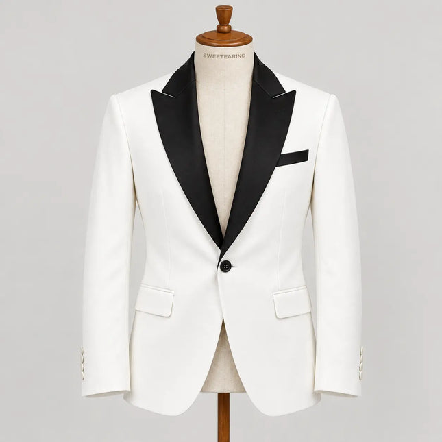 Sweetearing Men's White Tuxedo Jacket with Black Collar for Weddings, Prom & Formal Events