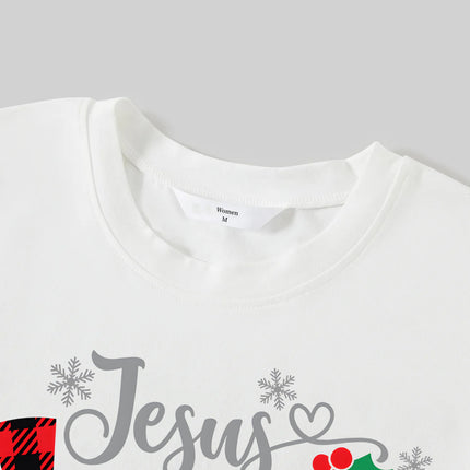 Christmas "Jesus is the Reason of the Season" Letter Print Patterned White Long Sleeve with White&Red&Green Plaid Pants Family Matching Pajamas