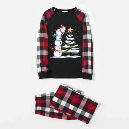 Red and Gray Plaid Christmas Pajamas Set with Snowman & Christmas Tree Print