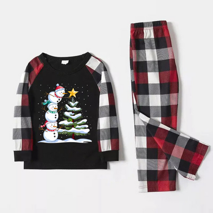 Red and Gray Plaid Christmas Pajamas Set with Snowman & Christmas Tree Print