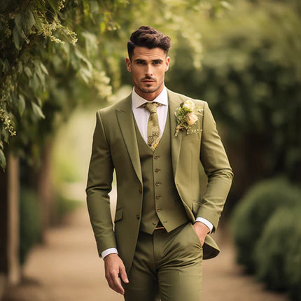 Mens Olive Green Suit Double Breasted Three Piece Suit Tux