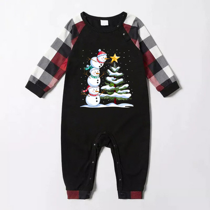 Red and Gray Plaid Christmas Pajamas Set with Snowman & Christmas Tree Print