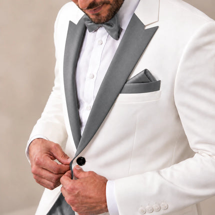 Sweetearing Men’s White Tuxedo Blazer with Silver Grey Notch Lapels for Wedding & Prom