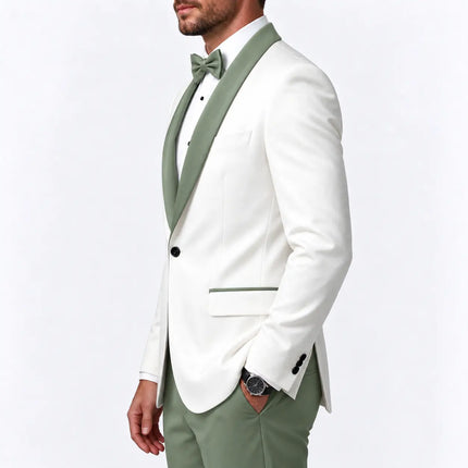 Sweetearing Men's White Tuxedo Blazer with Sage Green Shawl Lapel – Single-Button Jacket for Weddings & Proms