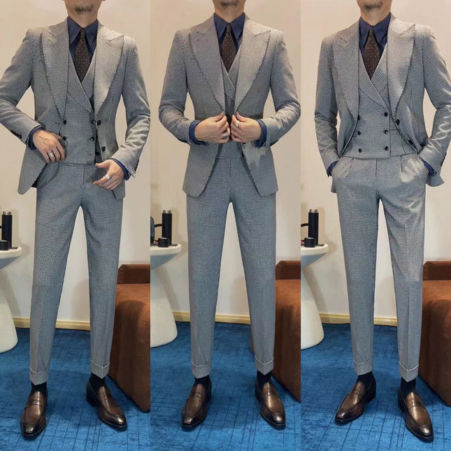 Men's Slim-Fit Plaid Checkered Suit with a Stand-up Collar（Jacket + Vest + Pants）