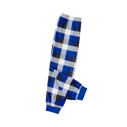 "Family Christmas 2025 Making Memories Together" Text and Santa Hat Printed Blue and White Plaid Family Matching Pajamas