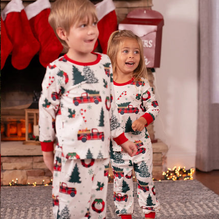 Matching Christmas Family Pajama with Allover Xmas Tree Car Print Long-sleeve Family Matching Pajamas