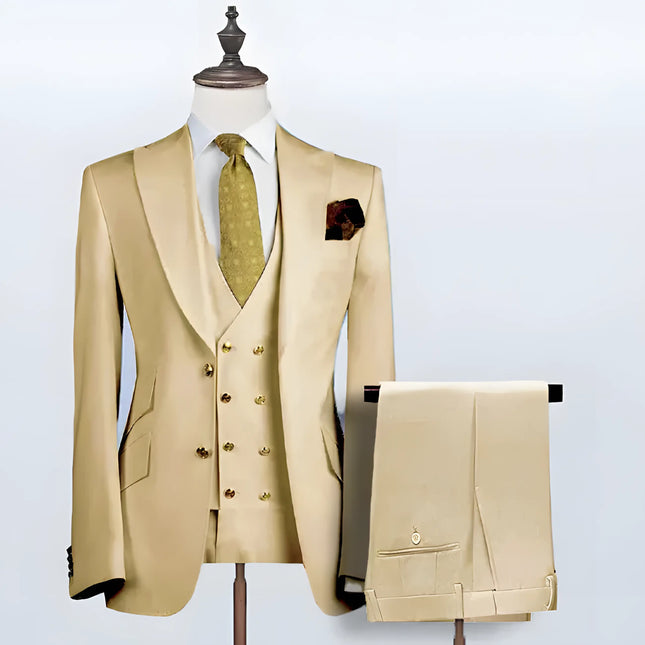 Elegant 3 Piece Men's Wedding Suit Peak Lapel Classic Solid Color Suit