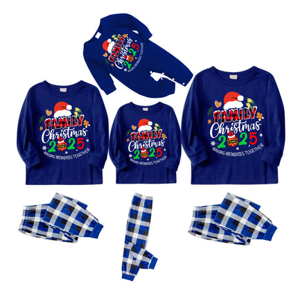 "Family Christmas 2025 Making Memories Together" Text and Santa Hat Printed Blue and White Plaid Family Matching Pajamas