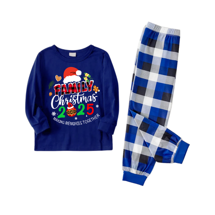 "Family Christmas 2025 Making Memories Together" Text and Santa Hat Printed Blue and White Plaid Family Matching Pajamas