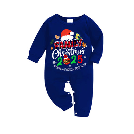 "Family Christmas 2025 Making Memories Together" Text and Santa Hat Printed Blue and White Plaid Family Matching Pajamas