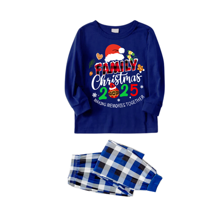 "Family Christmas 2025 Making Memories Together" Text and Santa Hat Printed Blue and White Plaid Family Matching Pajamas