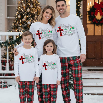 Christmas "Jesus is the Reason of the Season" Letter Print Patterned White Long Sleeve with White&Red&Green Plaid Pants Family Matching Pajamas