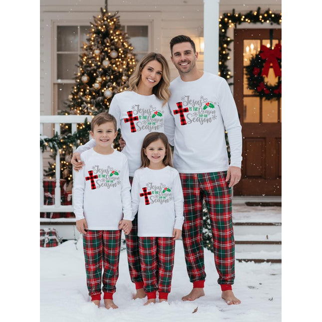 Christmas "Jesus is the Reason of the Season" Letter Print Patterned White Long Sleeve with White&Red&Green Plaid Pants Family Matching Pajamas