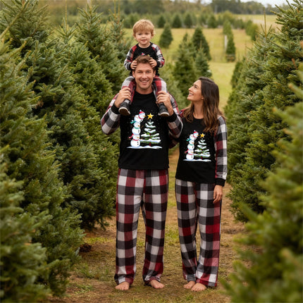 Red and Gray Plaid Christmas Pajamas Set with Snowman & Christmas Tree Print