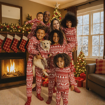 Matching Family Christmas Pajama with Tree Reindeer Snowflakes Print Pjs Set