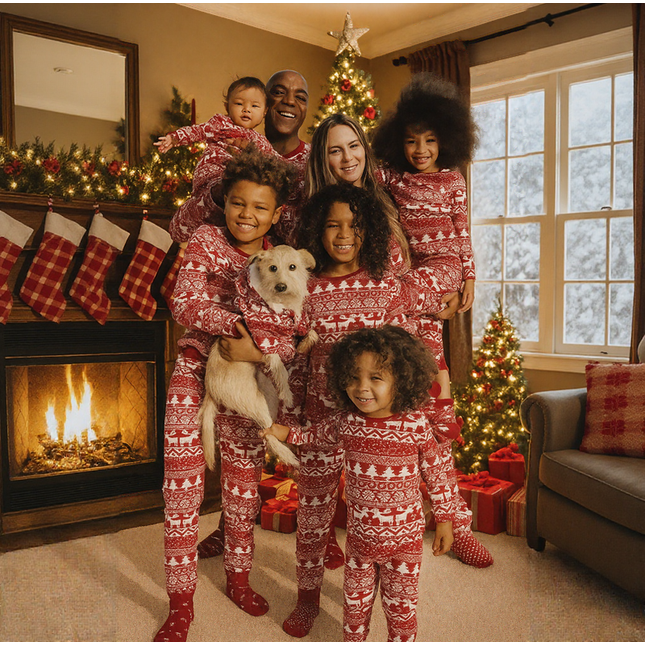 Matching Family Christmas Pajama with Tree Reindeer Snowflakes Print Pjs Set