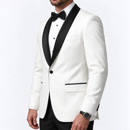 Sweetearing Men's White Tuxedo Blazer with Black Shawl Lapel – Single-Button Jacket for Weddings & Proms