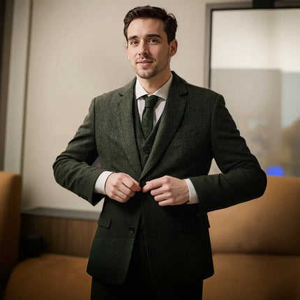 Mens 3 Piece Green Tweed Suits Wedding Suit Tuxedos