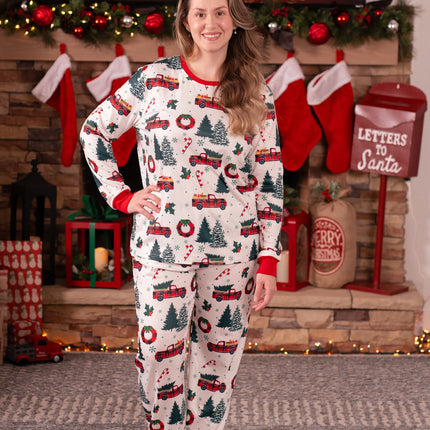 Matching Christmas Family Pajama with Allover Xmas Tree Car Print Long-sleeve Family Matching Pajamas