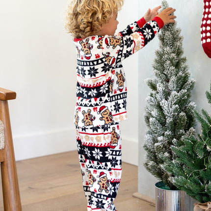 Christmas Matching Family Fleece Pajamas Set Gingerbread and Snowflake Print PJS with Christmas Socks Red