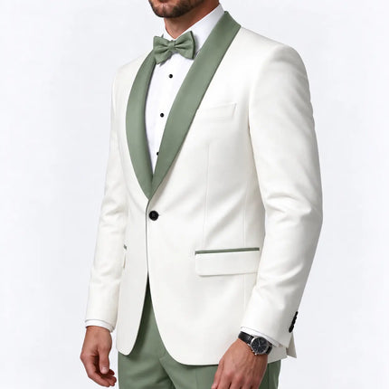 Sweetearing Men's White Tuxedo Blazer with Sage Green Shawl Lapel – Single-Button Jacket for Weddings & Proms