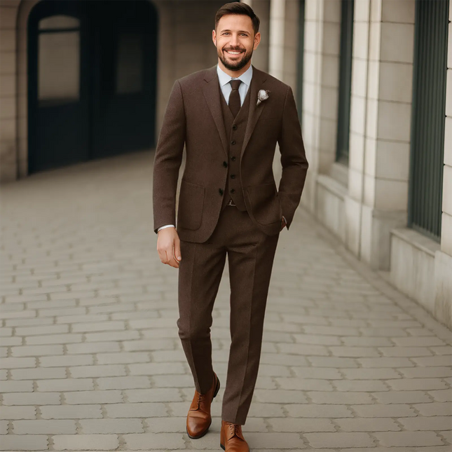 Mens 3 Piece Coffee Tweed Suits Wedding Vintage Classic Suit Tuxedos
