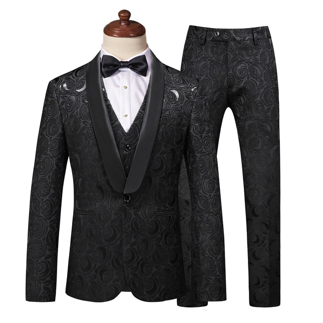 Men's 3-Piece Black Rose Embroidery Shawl Lapel Wedding Suit
