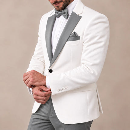Sweetearing Men’s White Tuxedo Blazer with Silver Grey Notch Lapels for Wedding & Prom