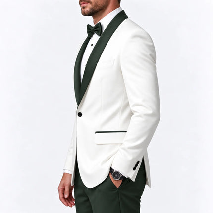 Sweetearing Men's White Tuxedo Blazer with Forest Green Shawl Lapel – Single-Button Jacket for Weddings & Proms