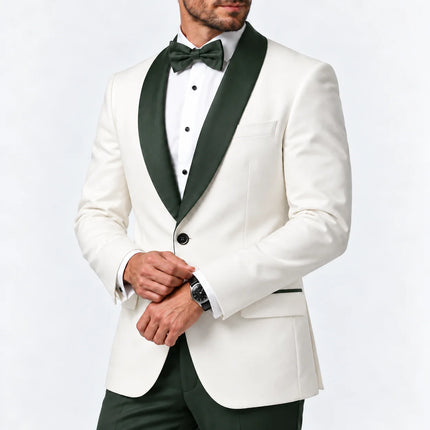 Sweetearing Men's White Tuxedo Blazer with Forest Green Shawl Lapel – Single-Button Jacket for Weddings & Proms