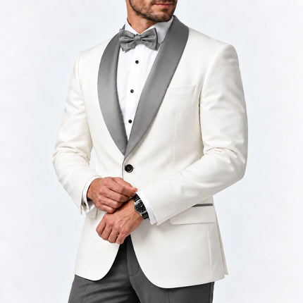 Sweetearing Men's White Tuxedo Blazer with Grey Shawl Lapel – Single-Button Jacket for Weddings & Proms