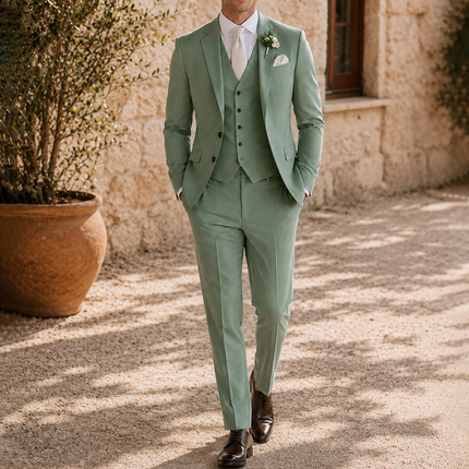 Men’s Sage Green Tuxedo 3 Piece Wedding Suit – Slim Fit Single Breasted Blazer