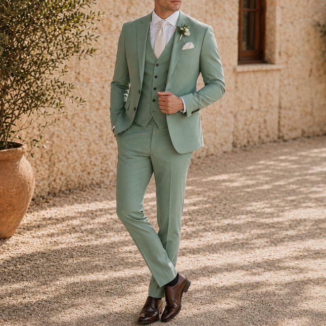 Men’s Sage Green Tuxedo 3 Piece Wedding Suit – Slim Fit Single Breasted Blazer