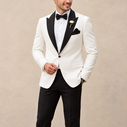 Men's White Suit 2 Piece Suit for Wedding Prom Party Formal Wear Sweetearing Black Collar Tuxedo