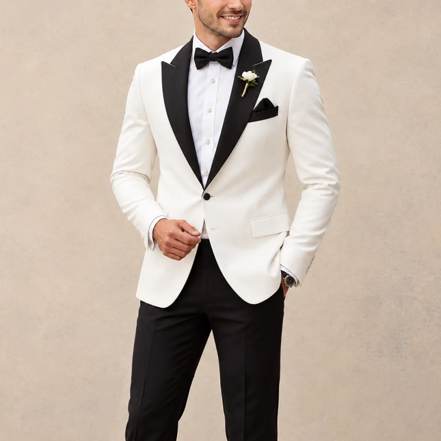 Men's White Suit 2 Piece Suit for Wedding Prom Party Formal Wear Sweetearing Black Collar Tuxedo