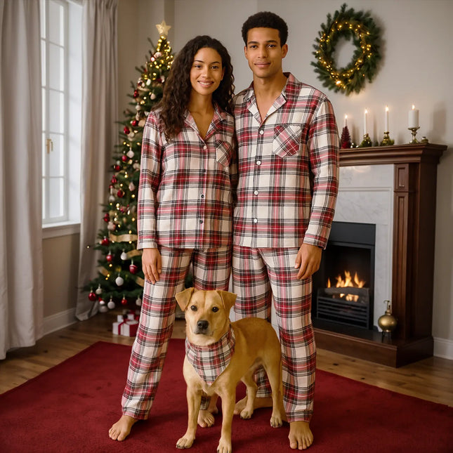 Christmas Pajamas Set Holiday Couple Red Plaid Button-Front Pajamas