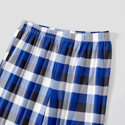 "Family Christmas 2025 Making Memories Together" Text and Santa Hat Printed Blue and White Plaid Family Matching Pajamas