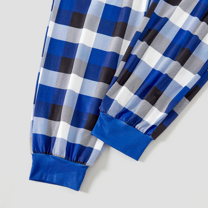 "Family Christmas 2025 Making Memories Together" Text and Santa Hat Printed Blue and White Plaid Family Matching Pajamas