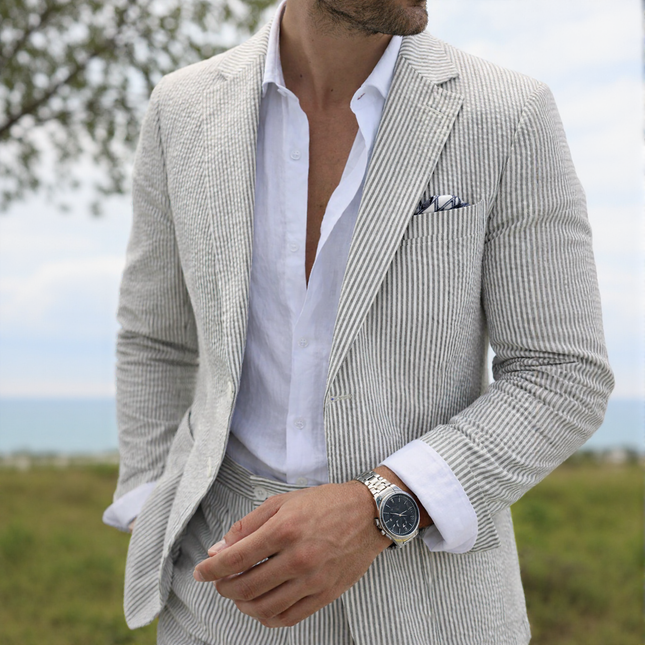 Men’s Summer Seersucker Suit 2 Piece – Lightweight Beach Wedding Suit Set